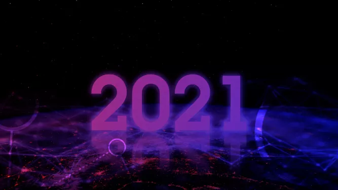 Um fundo cósmico escuro mostra números roxos grandes e proeminentes "2021" brilhando e lançando uma luz semelhante a neon. Formas geométricas abstratas e padrões tênues de luz que lembram constelações e redes são visíveis em primeiro plano.