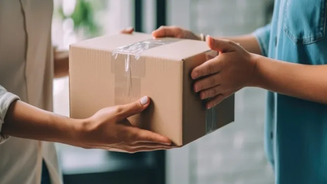 Entregador entrega encomenda nas mãos do cliente. Ele faz parte de uma rede de logística de distribuição