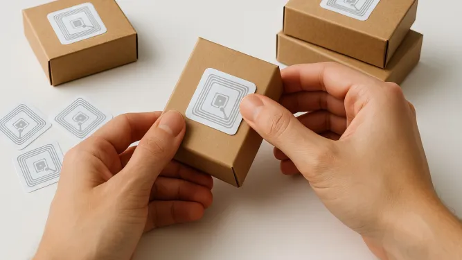 Pessoas cola etiqueta RFID em caixinhas para enviar