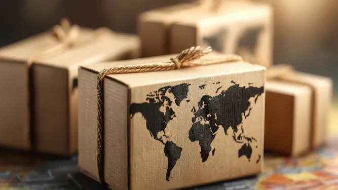 Imagem ilustra caixa para produtos importados para revenda com mapa do mundo impresso no verso