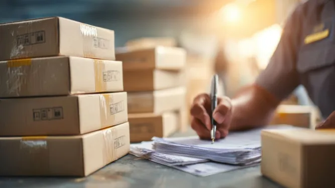 Profissional logístico assina documentos para o romaneio de carga 