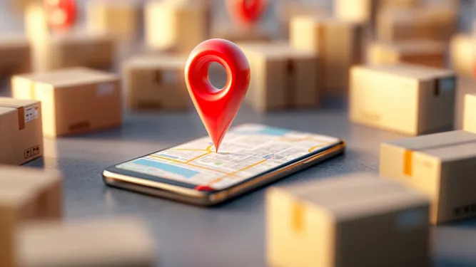 Ilustração de seta de localização sobre celular indica como a geocodificação de endereços funciona