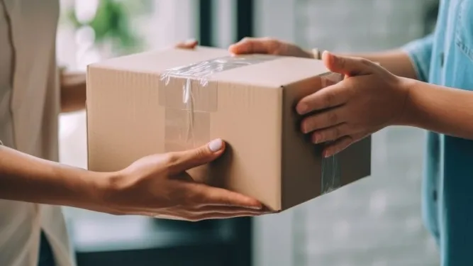  O Gemini disse Mãos entregam uma caixa de papelão lacrada com fita adesiva, exemplificando a importância de uma boa embalagem para e-commerce.