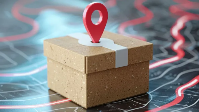 Caixa de papelão de entrega com um pino de localização vermelho no topo, apoiada sobre um mapa digital com linhas luminosas traçando caminhos, simbolizando a otimização e o rastreamento logístico através da roteirização inteligente.