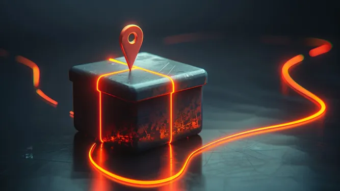 O rastreamento em tempo real de uma encomenda é ilustrado por uma caixa com um pino de localização no topo e uma rota traçada por luzes vermelhas de neon no chão escuro.