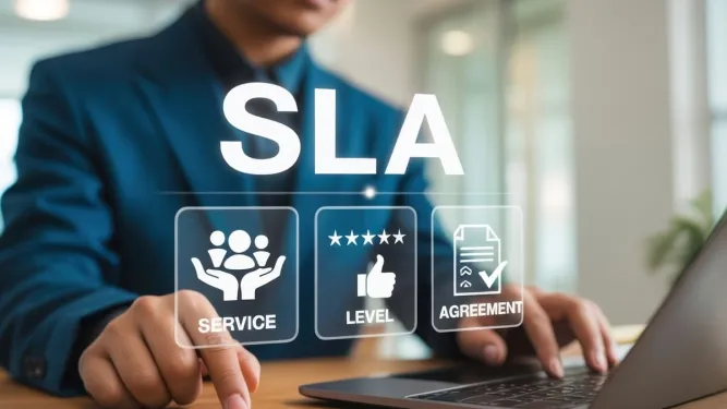  O Gemini disse Homem de terno operando notebook com ícones de serviço e acordo em destaque, representando a gestão de um SLA de entrega eficiente.