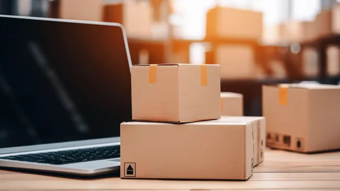 Pequenas caixas de papelão lacradas ao lado de um notebook aberto, representando a importância do fulfillment para e-commerce.