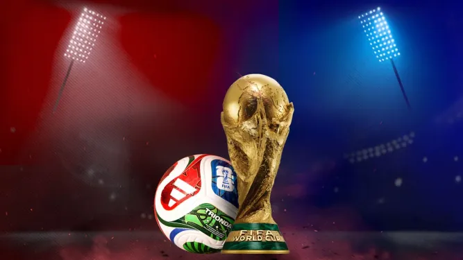 Taça e bola de futebol em estádio iluminado, unindo copa do mundo e e-commerce.