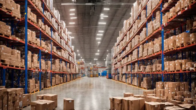 Prateleiras altas de centro de distribuição repletas de caixas de papelão para estocagem.