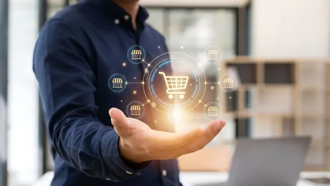 Empresário segura ícone de compras e lojas integradas sobre como expandir meu negócio.