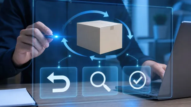 Pessoa interagindo com tela digital de devolução de mercadoria e caixa.