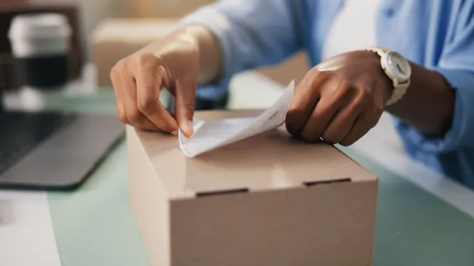 Pessoa colando etiqueta em caixa para serviço de entrega para e-commerce.