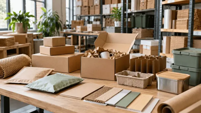 Mesa com caixas de papelão e envelopes kraft como opções de embalagem sustentável.