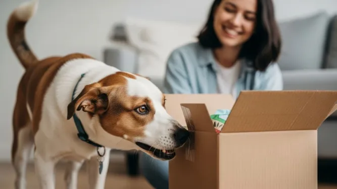 Cachorro curioso cheirando caixa de entrega por venda recorrente.