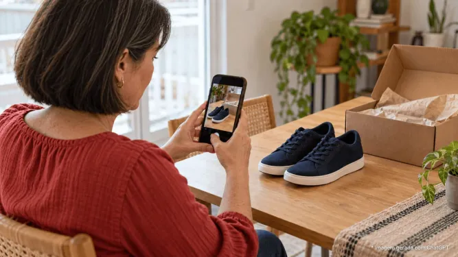 Cliente fotografando tênis com o celular para conteúdo gerado pelo usuário.