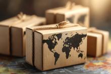 Imagem ilustra caixa para produtos importados para revenda com mapa do mundo impresso no verso