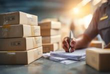 Profissional logístico assina documentos para o romaneio de carga 