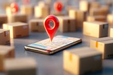 Ilustração de seta de localização sobre celular indica como a geocodificação de endereços funciona