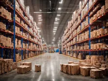 Prateleiras altas de centro de distribuição repletas de caixas de papelão para estocagem.