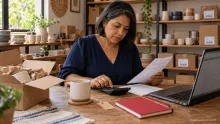 Empreendedora usando calculadora para entender como fazer precificação de produtos.