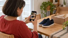 Cliente fotografando tênis com o celular para conteúdo gerado pelo usuário.