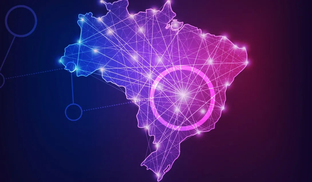Uma ilustração digital do Brasil, delineada com linhas e nós brilhantes interligados, emanando uma luz brilhante no centro. As cores mudam do azul à esquerda para o rosa à direita, sugerindo conectividade e tecnologia.