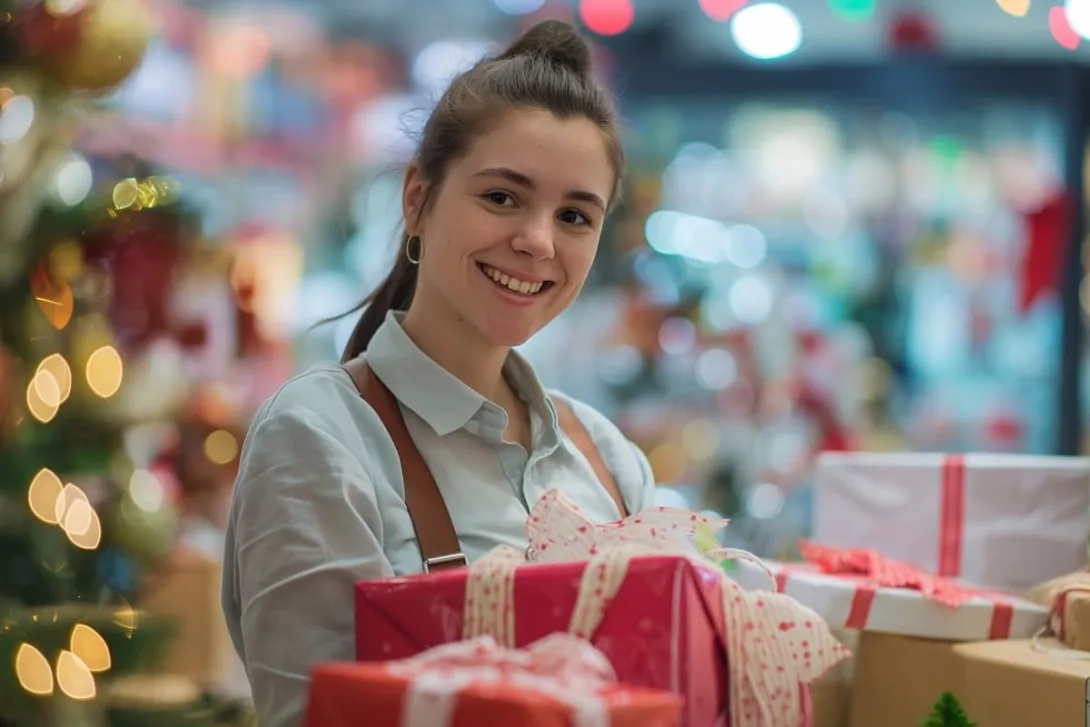 Mulher vendedora embrulhando as vendas de Natal.