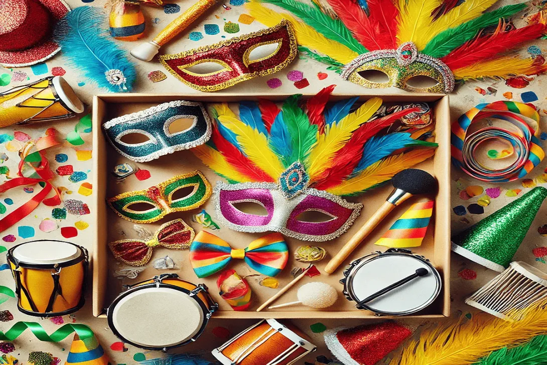 Máscaras e instrumentos de carnaval espalhados pela imagem, representando as vendas de carnaval.