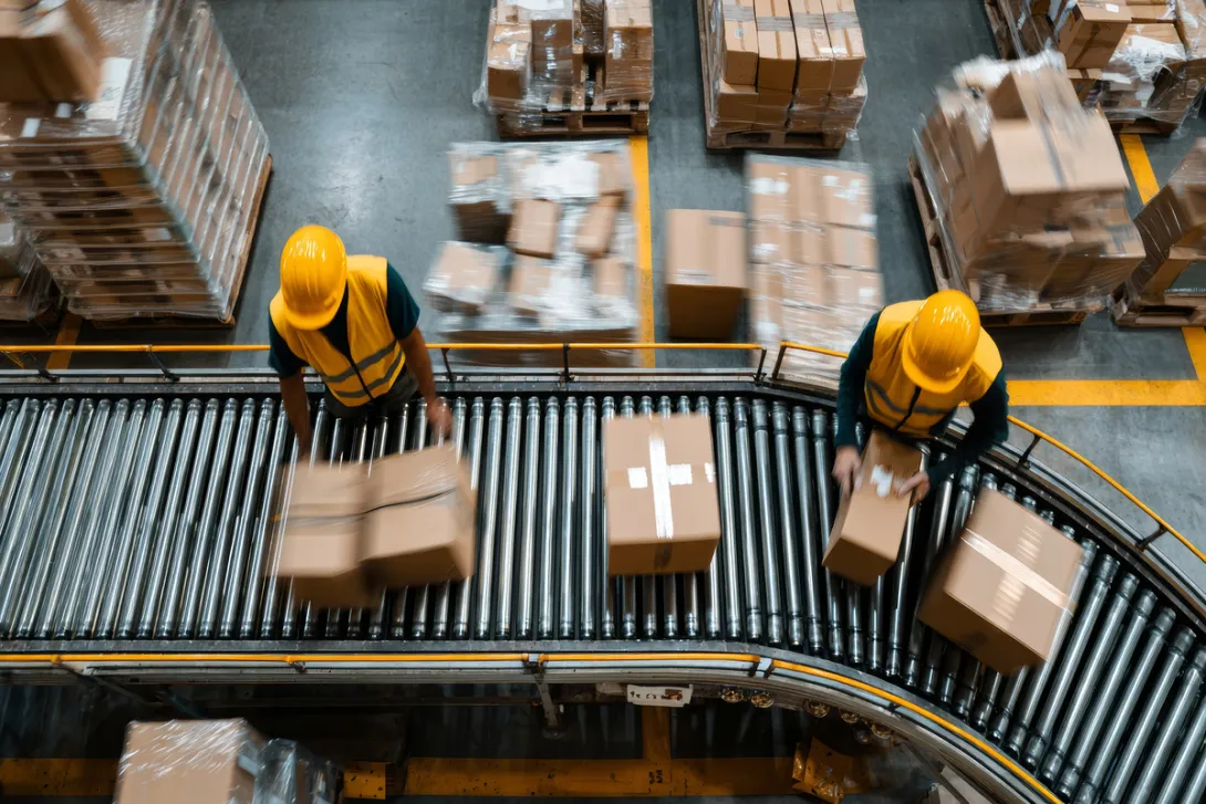 Trabalhadores de Centro de Distribuição separam encomendas da esteira logistica