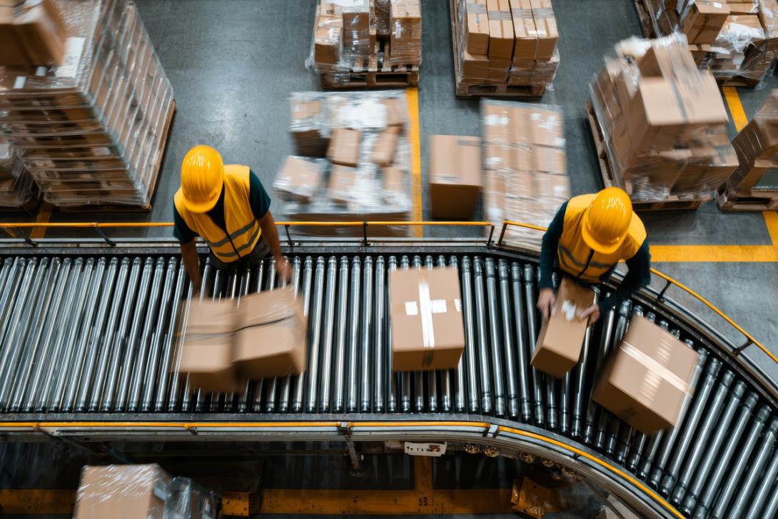 Trabalhadores de Centro de Distribuição separam encomendas da esteira logistica