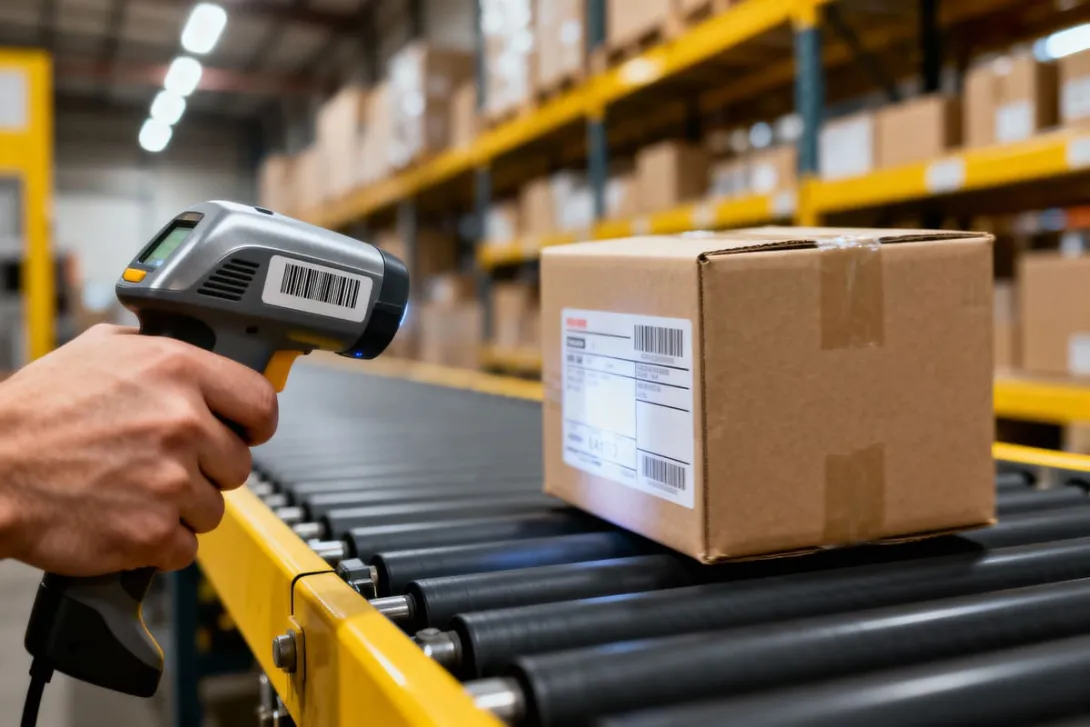 Encomenda passa sobre esteira em armazem logistico graças ao processo de automação logística