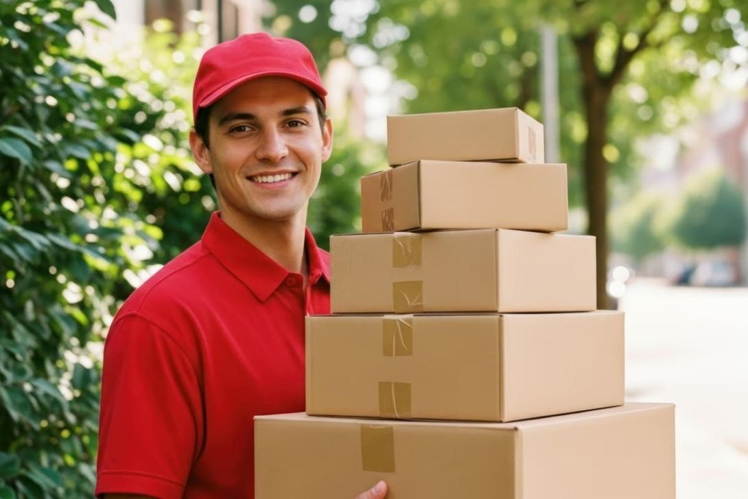  Gemini said Entregador sorridente vestindo uniforme vermelho segura uma pilha de pacotes de papelão, celebrando as entregas no Dia do Consumidor.