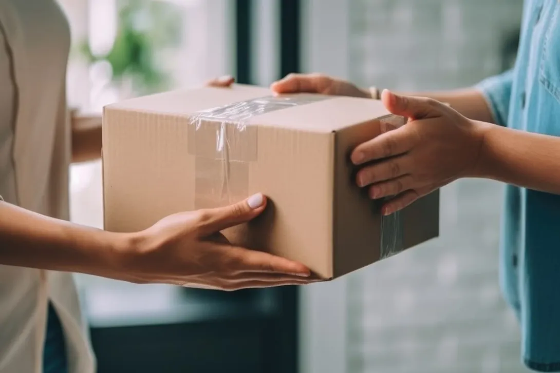 Mãos entregam uma caixa de papelão lacrada com fita adesiva, exemplificando a importância de uma boa embalagem para e-commerce.