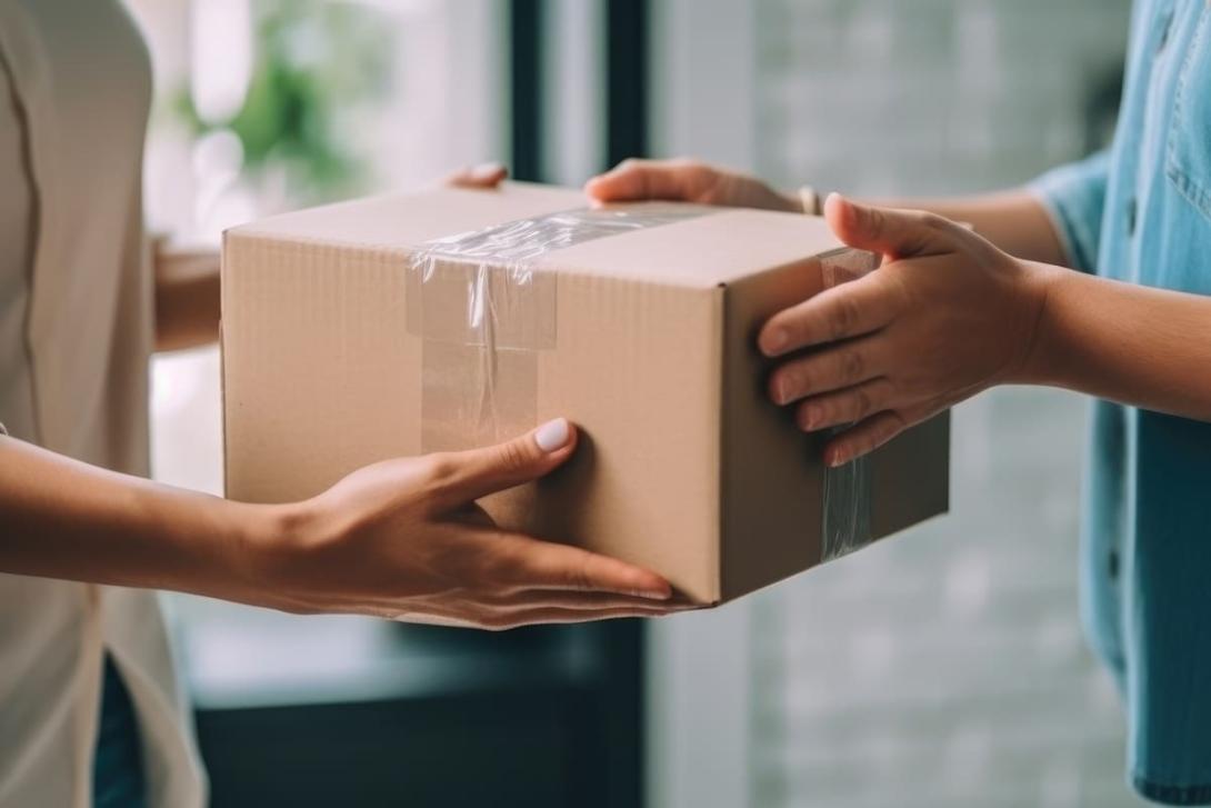 Mãos entregam uma caixa de papelão lacrada com fita adesiva, exemplificando a importância de uma boa embalagem para e-commerce.