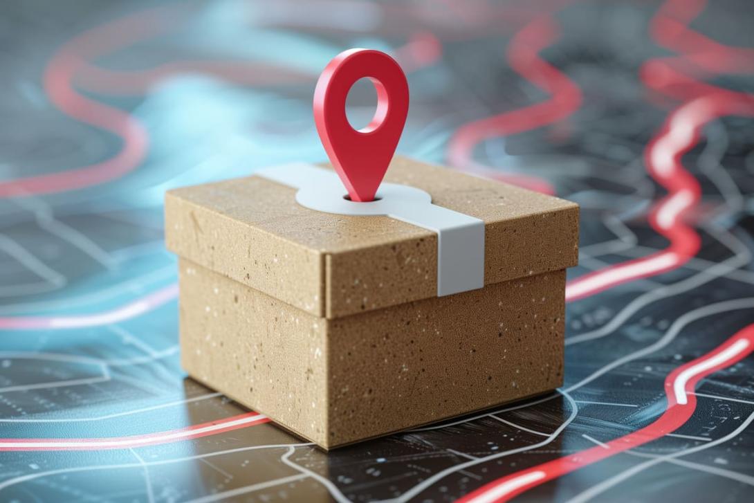 Caixa de papelão de entrega com um pino de localização vermelho no topo, apoiada sobre um mapa digital com linhas luminosas traçando caminhos, simbolizando a otimização e o rastreamento logístico através da roteirização inteligente.