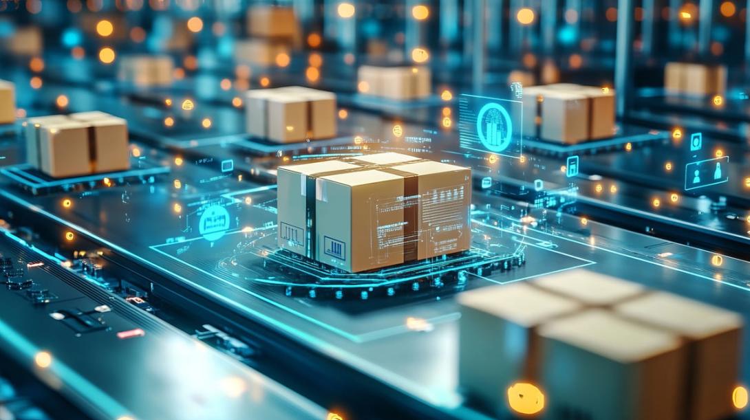 Caixas de papelão sobre uma esteira tecnológica com painéis digitais e luzes brilhantes, representando a automação avançada e a integração de dados da logística 5.0.