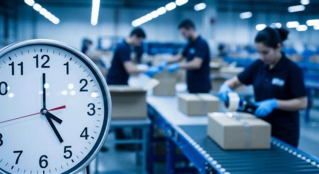 Grande relógio analógico em foco no primeiro plano marcando as horas, com trabalhadores de armazém desfocados empacotando caixas ao fundo, enfatizando a pontualidade e o cumprimento de prazos cruciais para a métrica OTIF.
