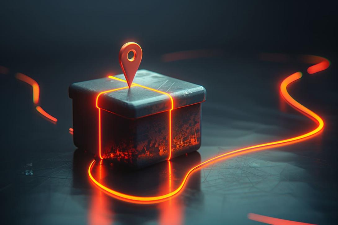 O rastreamento em tempo real de uma encomenda é ilustrado por uma caixa com um pino de localização no topo e uma rota traçada por luzes vermelhas de neon no chão escuro.