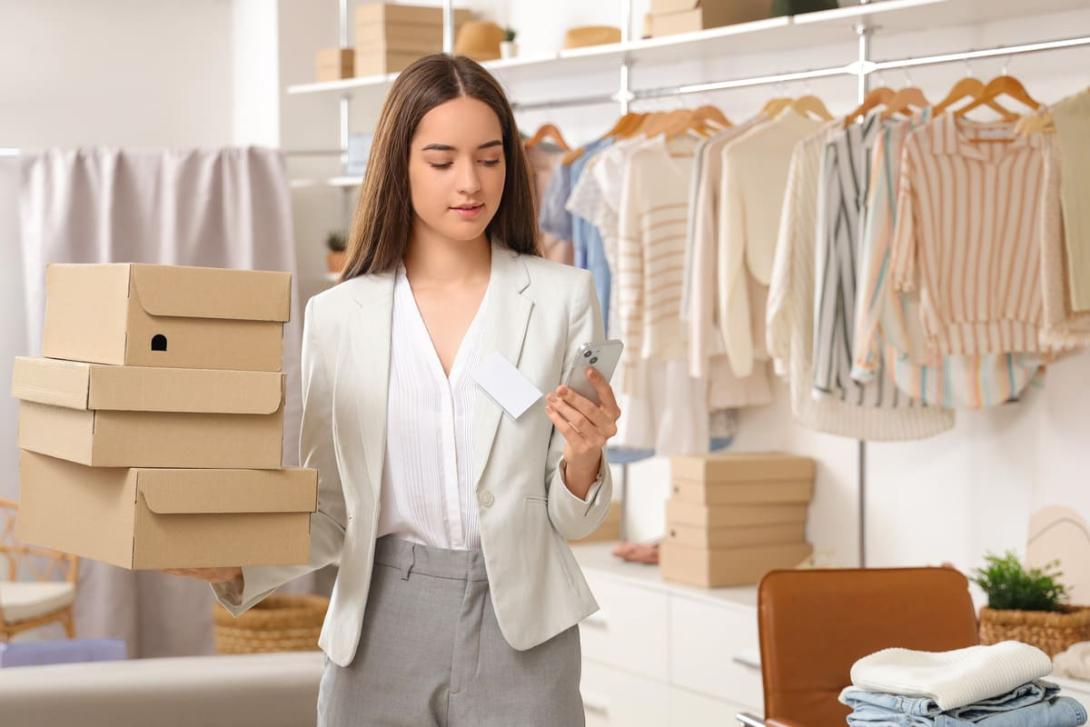 Buscando o que vender para ganhar dinheiro, uma jovem empreendedora confere o celular enquanto segura caixas de encomenda em sua loja de roupas.