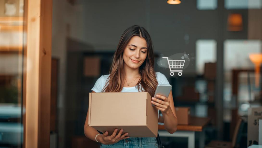 Mulher sorridente segura uma caixa de encomenda e um smartphone com ícone de carrinho, representando uma excelente experiência de compra.