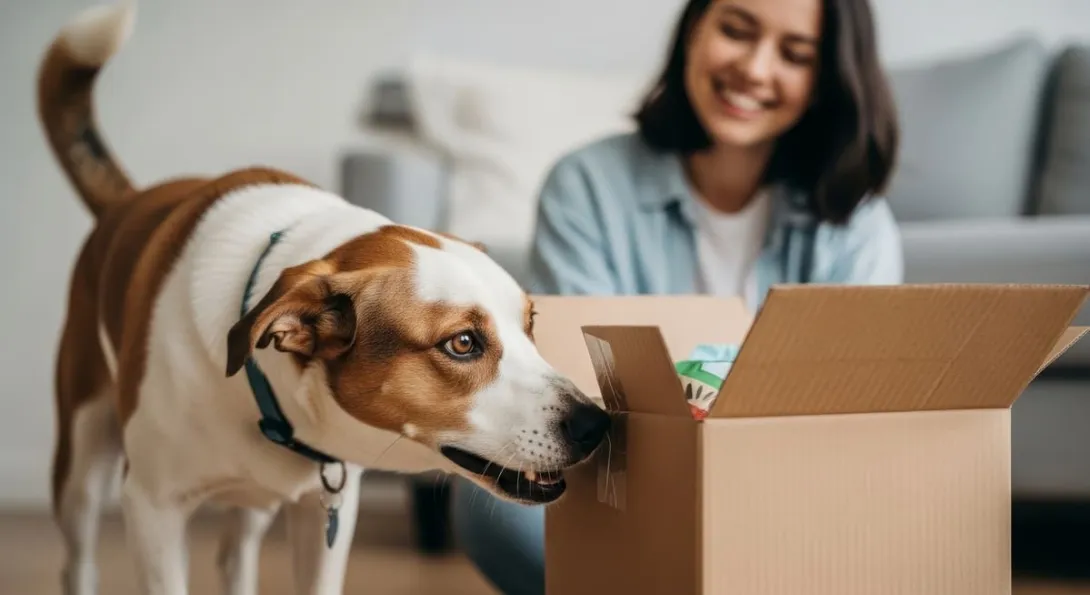Cachorro curioso cheirando caixa de entrega por venda recorrente.