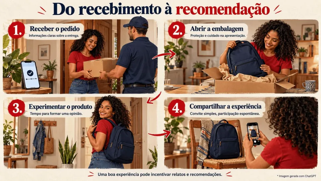 Infográfico com as etapas da entrega à partilha de conteúdo gerado pelo usuário.