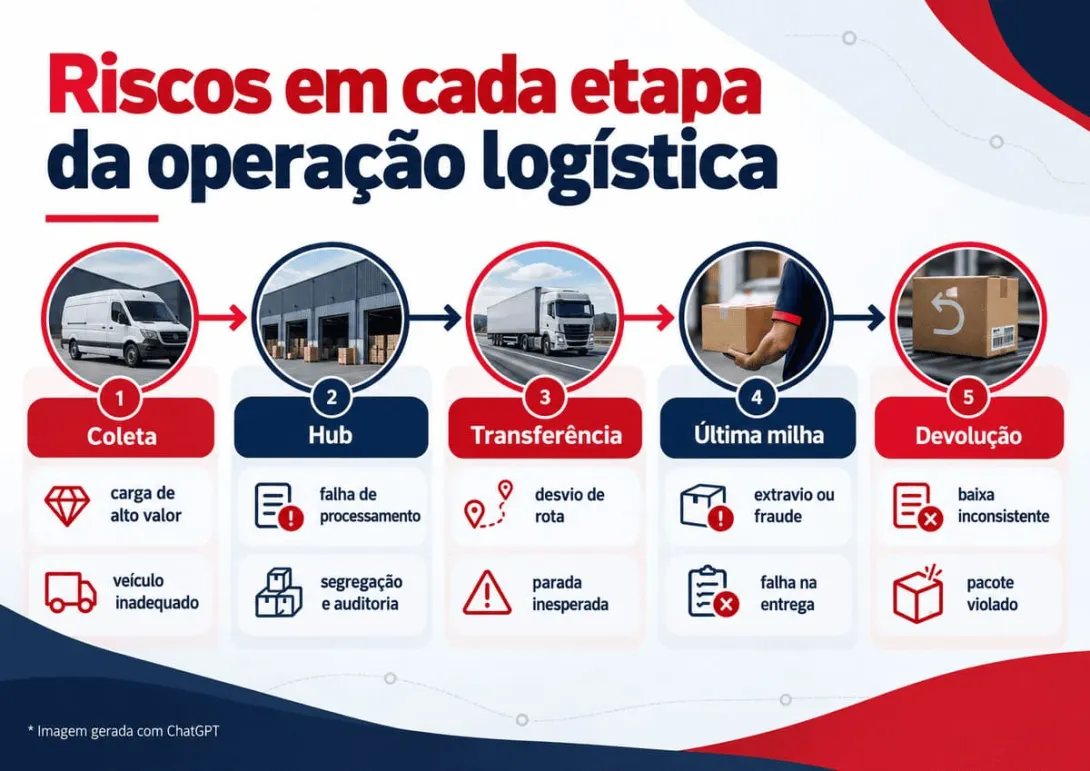 Infográfico a apresentar os riscos em cada etapa da gestão de riscos em logística.