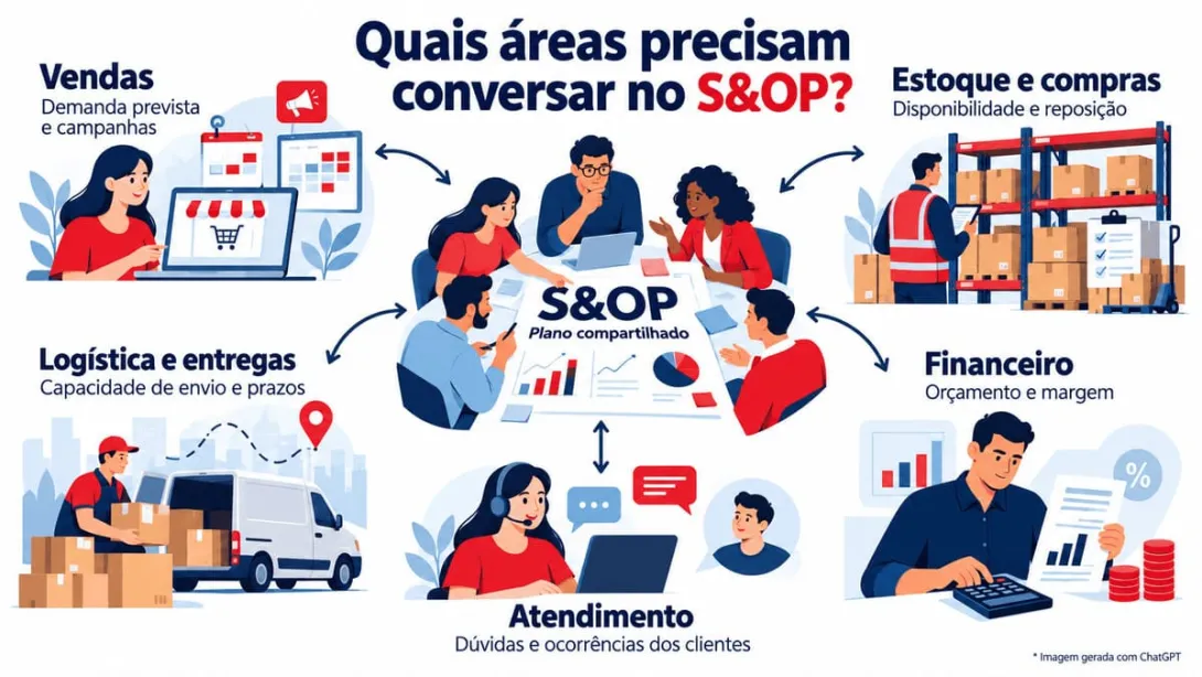 Infográfico sobre as áreas da empresa que comunicam no processo de S&OP.